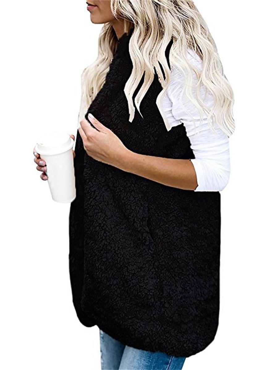 Women's Teddy Vest Warm Cream Teddy Coat with Hood Long  Sherpa Jacket with Pocket Cardigan Hoodie Fashion Daily Casual Plain Outerwear Sleeveless Fall Winter Black White Wine S M L XL XXL 3XL 2023 - US $22.99 –P18