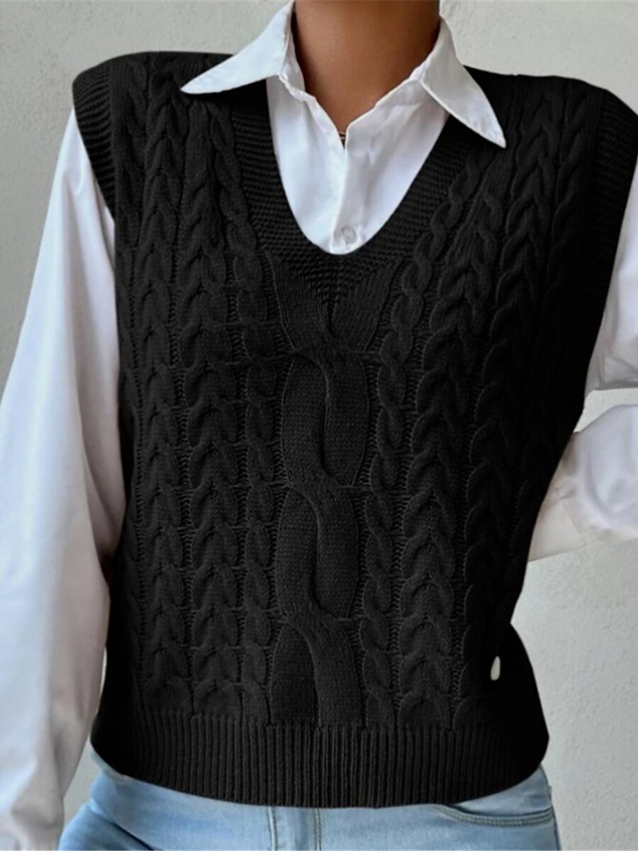 Women's Sweater Vest V Neck Cable Knit Acrylic Oversized Summer Fall Daily Going out Weekend Stylish Casual Soft Sleeveless Solid Color Black Khaki S M L 2023 - US $29.99 –P10