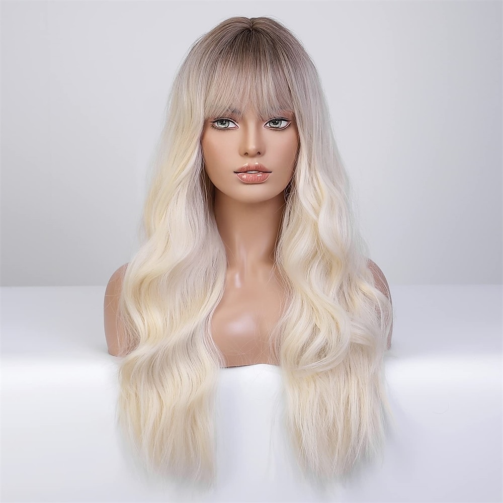 parrucca bionda ombre lunga dritta con frangia radice scura capelli lunghi con frangia aspetto naturale parrucca sintetica resistente al calore festa di gioco quotidiana adatta a donne alla moda 20 del 2025 a $31.99 –P5