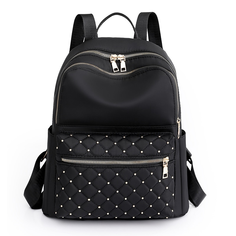 Sac à dos en nylon matelassé noir pour femme avec fermetures éclair dorées et poche avant cloutée – sac léger et élégant pour l'école, le travail ou un usage quotidien de 2025 ? $34.99 –P3