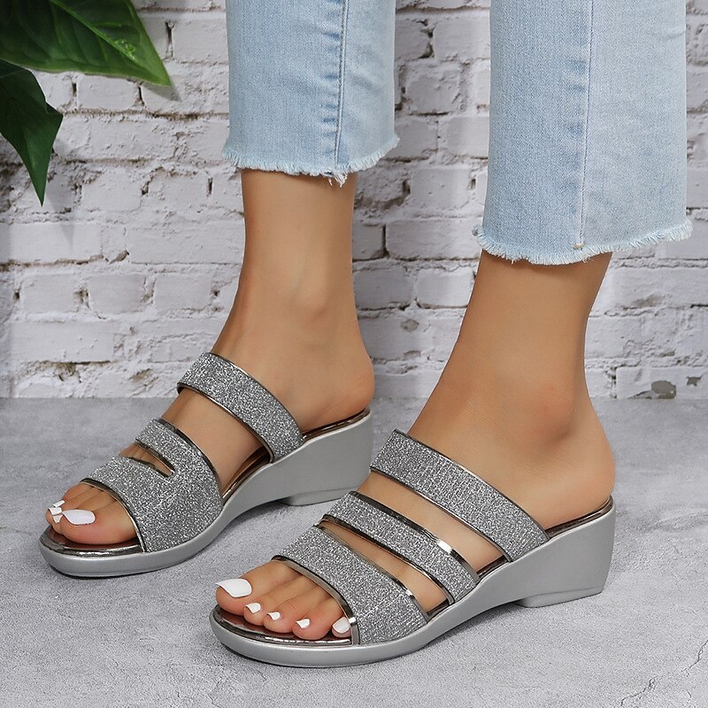 Women's Sandals Slippers Mules Wedge Sandals Outdoor Slippers Wedding Party Outdoor Solid Color Summer Sequin Wedge Heel Elegant Fashion Luxurious PU Loafer Silver Gold 2023 - AED 94.99 –P1