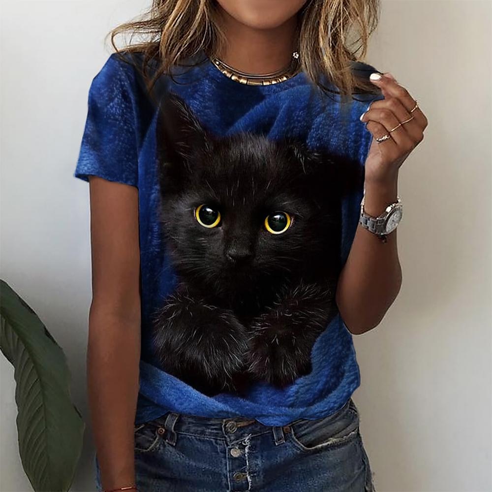 Women's T Shirt Basic Cat Print Short Sleeve Regular Tops Round Neck Daily Weekend Red Blue Purple Green Gray 2025 - $19.99 –P2
