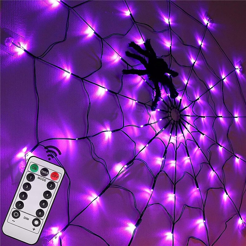 Luzes de teia de aranha de Halloween 60 LED com aranha preta à prova d'água luzes de rede roxas controle remoto alimentado por USB 8 modos teia de aranha para decoração de quintal de festa iluminação de 2025 por $23.99 –P7