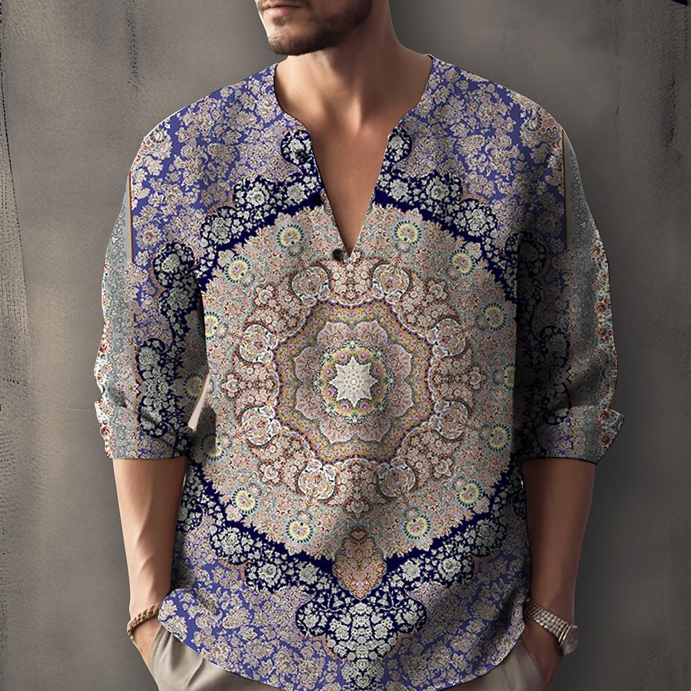 Bărbați Floral Epocă Cămașă Cămașă de in Camașă cu nasturi Manșon Lung Modă Șic Stradă Designer Zilnic În aer liber Vară Primăvară Toamnă Guler de stand Imprimeu Albastru piscină Negru + Negru Galben 2026 - $26.99 –P9