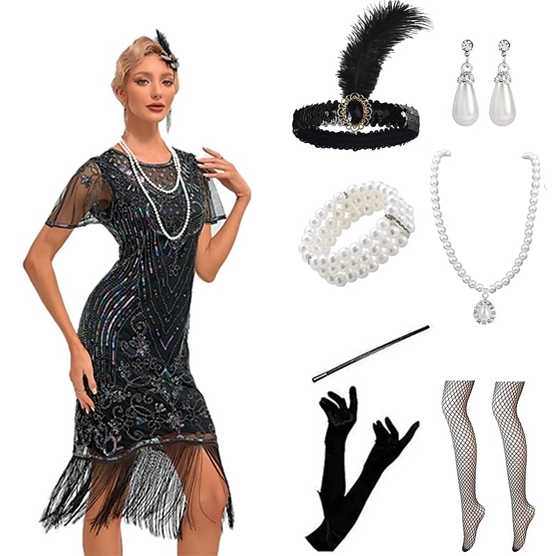 Řvoucí 20s Retro Velký Gatsby Krátká délka Úbory Kostým na Večírek Maškarní Iluze Velký Gatsby Svatební host Flitry Třásně Flitry Třásně Kulatý Maškarní kostým Dámské předvečer Všech svatých Karneval 2025 - $53.99 –P4