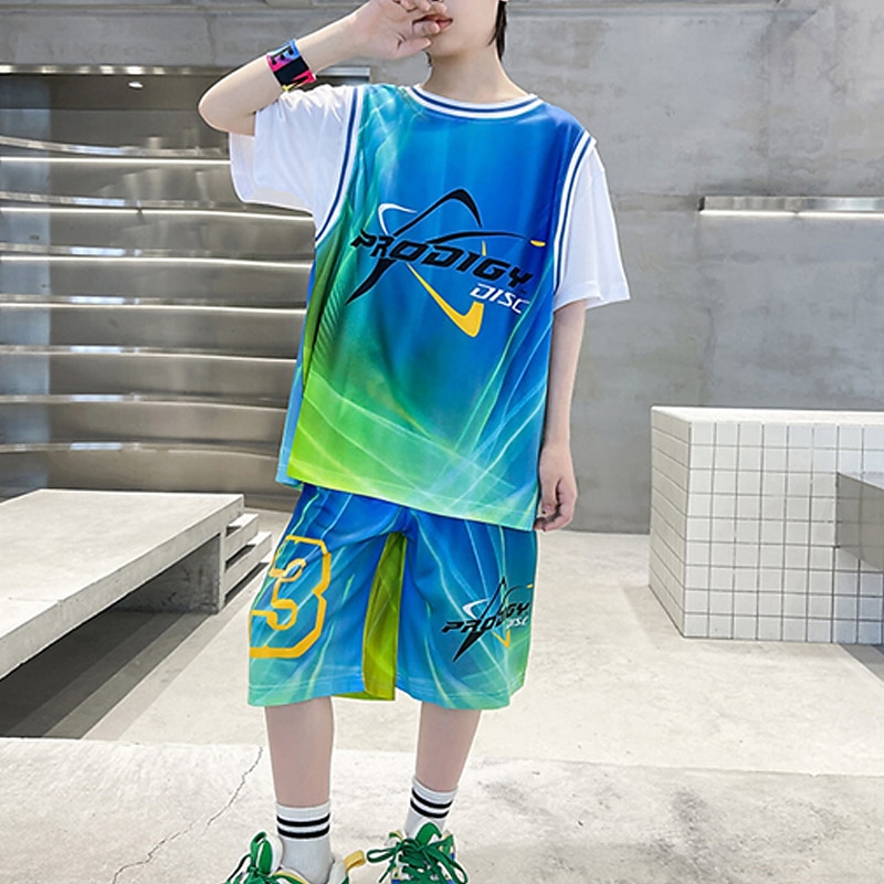 Boys Basketball Suit Sports Outfit Short Sleeves Round Neck Tops