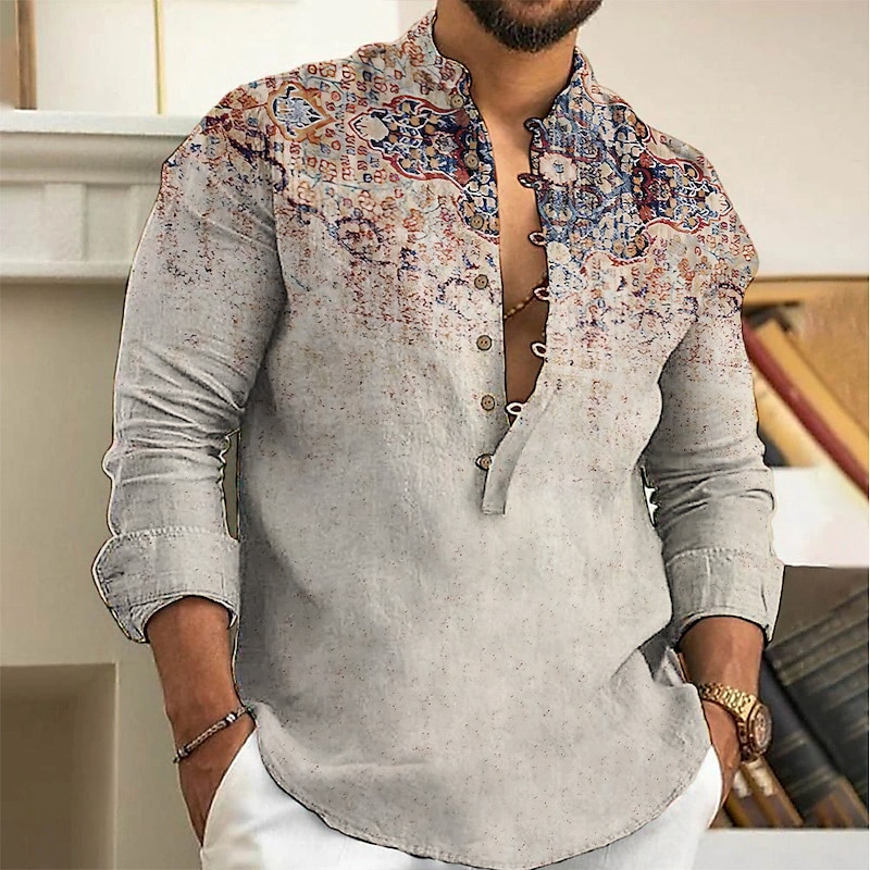 Herr Geometri Etnisk Skjorta Knapp upp skjorta Långärmad Mode Streetwear Designer Utomhus Ledigt Dagligen Sommar Vår Höst Hög krage Mönster Gul Rodnande Rosa Blå Brun Grön 2025 - $26.99 –P3