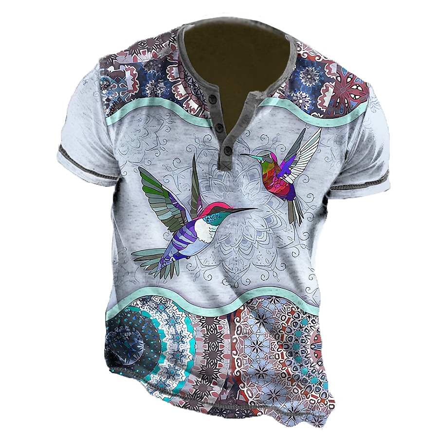 Hummingbird And Mandala Mens Graphic Shirt Henley Animal Clothing Apparel 3D Print Outdoor Daily Short Sleeve Button Down Designer Ethnic Comfortable Hummingbirds Casual White Cotton Button- 2026 - $22.99 –P2