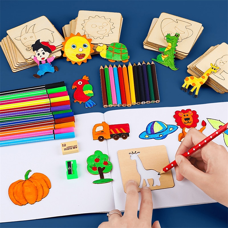 20pcs montessori bambini disegno giocattoli in legno modello di pittura fai da te stencil apprendimento giocattoli educativi per il regalo dei bambini, ritorno a materiale scolastico del 2025 a $4.99 –P5