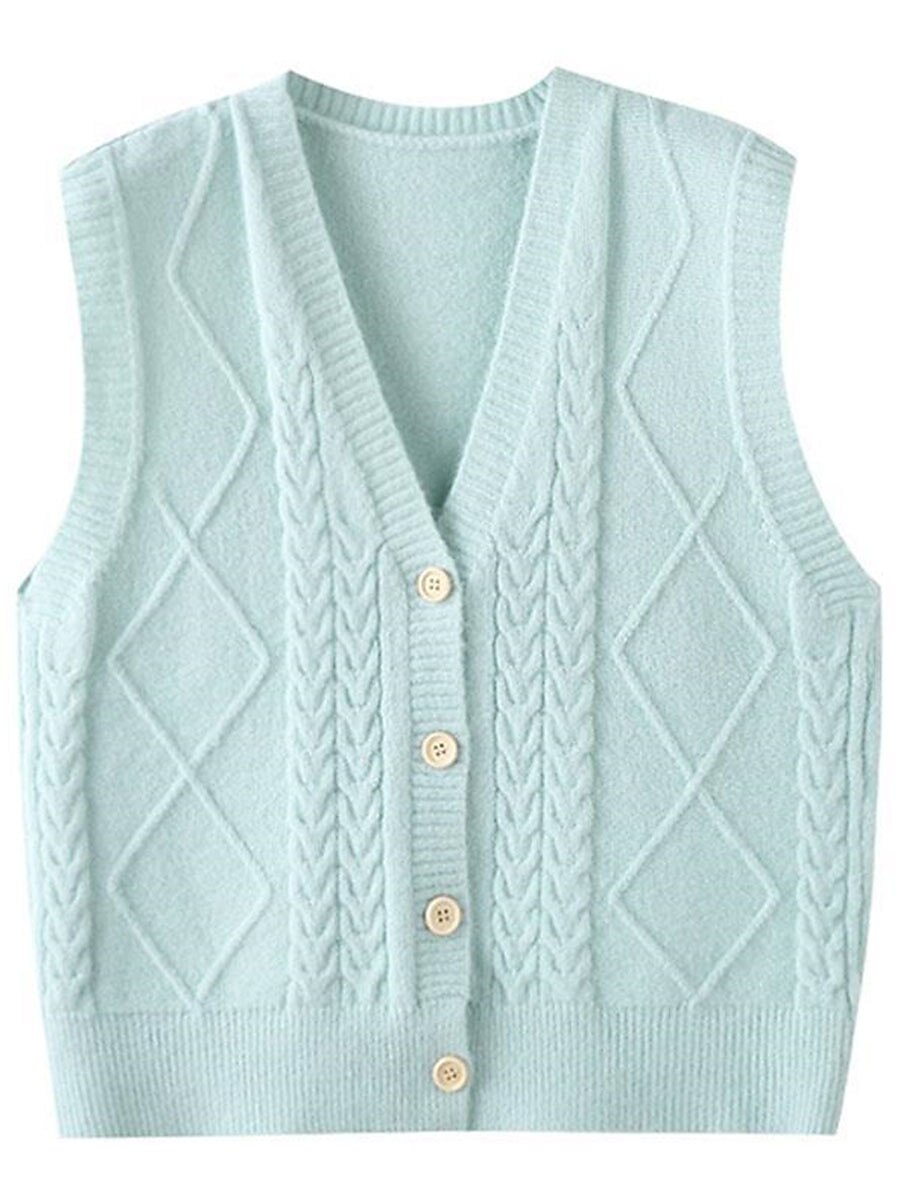 Women's Sweater Vest V Neck Cable Knit Polyester Button Summer Fall Daily Holiday Going out Sexy Casual Soft Sleeveless Pure Color Black White Pink One-Size 2023 - US $19.99 –P6