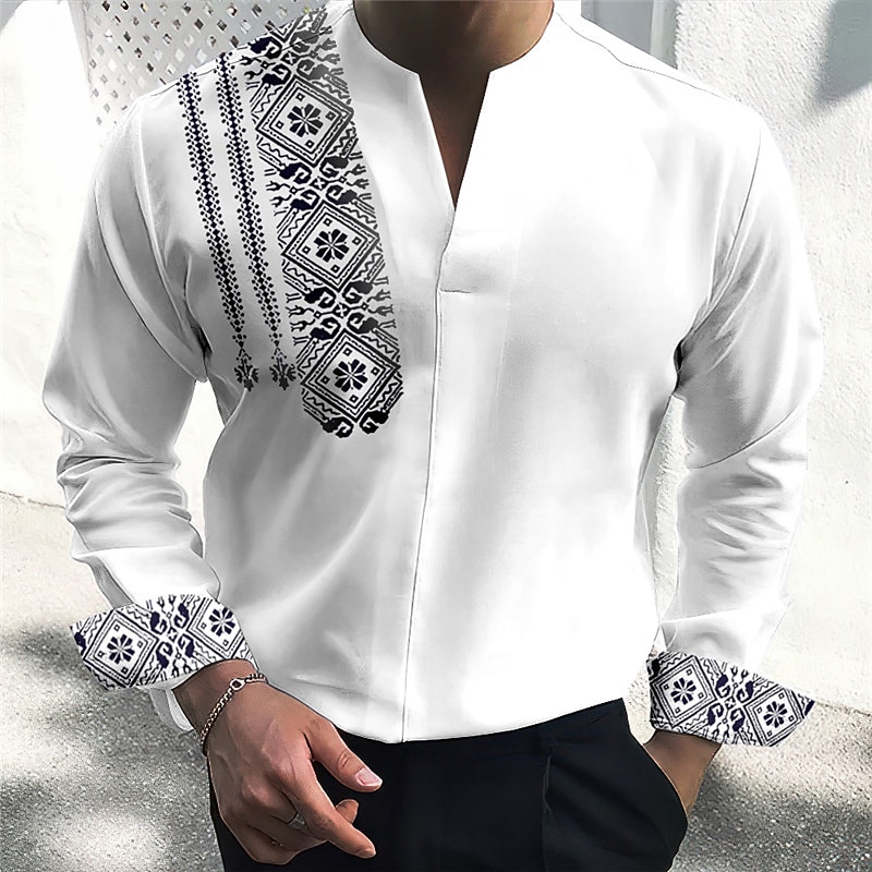 Bărbați Epocă Geometrie Totem Cămașă Camașă cu nasturi Manșon Lung Modă Șic Stradă Designer În aer liber Casual Zilnic Vară Toamnă În V Imprimeu Alb Albastru piscină Trifoi Kaki Albastru Deschis 2025 - $26.99 –P7