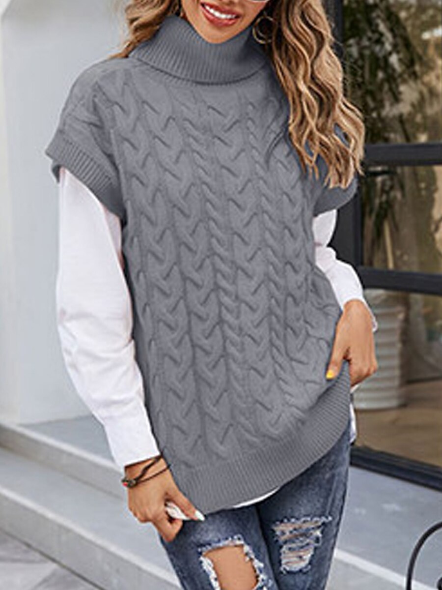 Women's Sweater Vest Turtleneck Ribbed Knit Acrylic Oversized Summer Fall Daily Going out Weekend Stylish Casual Soft Short Sleeves Solid Color Black Beige Coffee S M L 2023 - US $24.99 –P14