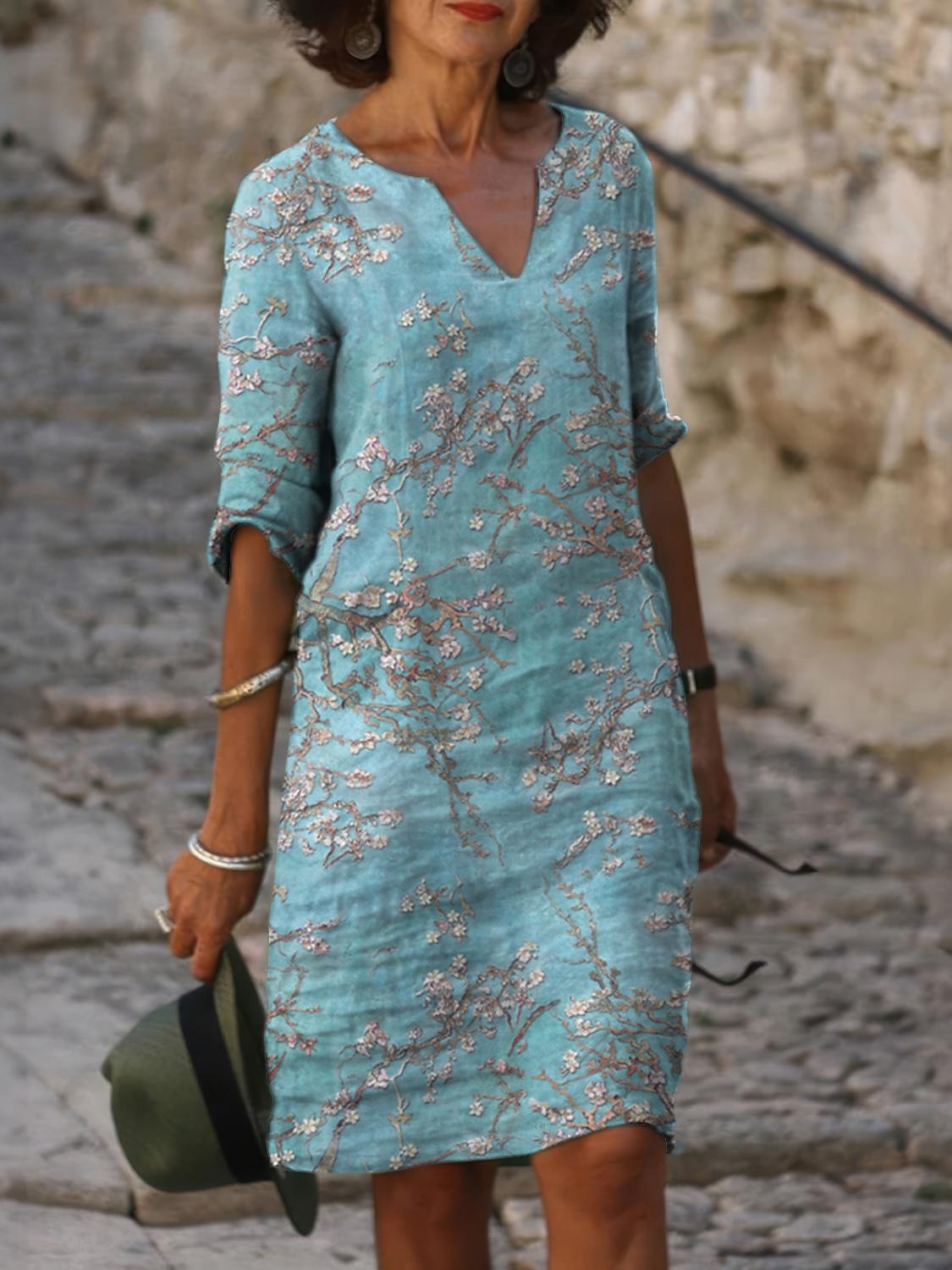 Robe midi femme robe décalée impression florale col échancré quotidienne rendez-vous manches courtes été printemps de 2025 ? $26.99 –P2