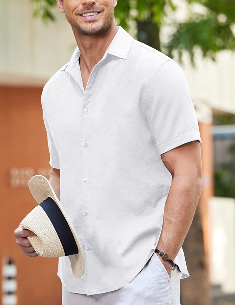 Men's Shirt Linen Shirt Guayabera Shirt Summer Shirt Beach Shirt Button Up Shirt Plain Vacation Casual White Blue Khaki Gray Short Sleeve Lapel Summer Clothing Apparel Patchwork 2025 - $18.49 –P13