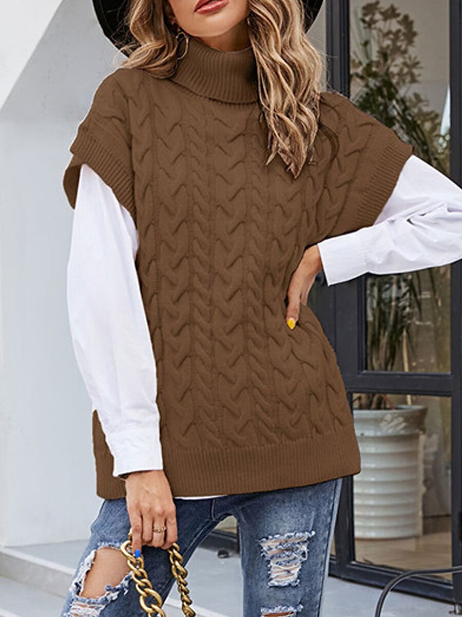 Women's Sweater Vest Turtleneck Ribbed Knit Acrylic Oversized Summer Fall Daily Going out Weekend Stylish Casual Soft Short Sleeves Solid Color Black Beige Coffee S M L 2023 - US $24.99 –P16