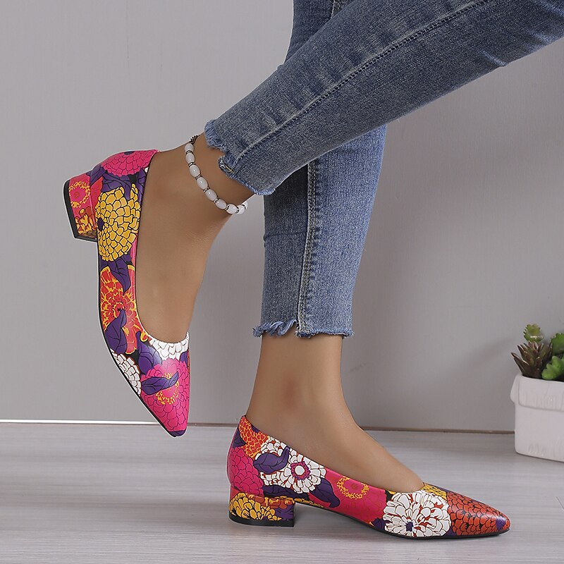 Women's Heels Pumps Pink Shoes Dress Shoes Comfort Shoes Party Work Daily Floral Color Block Summer Chunky Heel Pointed Toe Fashion Casual Minimalism Faux Leather Loafer Red Green 2023 - AED 125.99 –P5