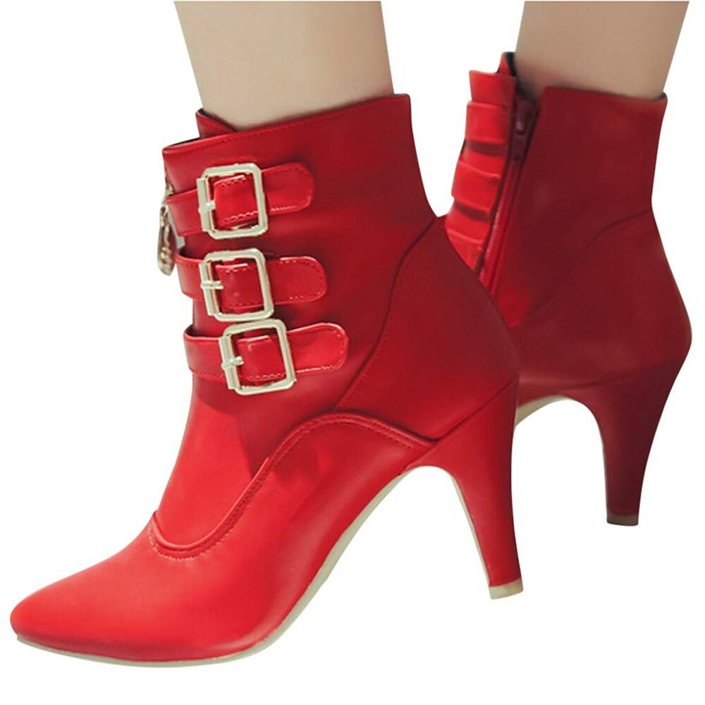 Botines de tacón alto de moda para mujer con hebillas y cremallera: elegantes botas de tacón de aguja de piel sintética para otoño e invierno 2025 - $54.99 –P1