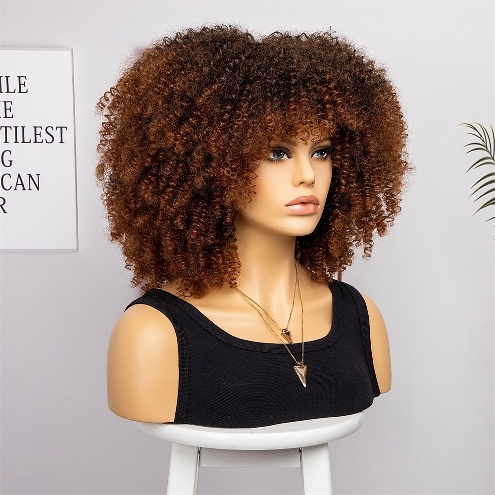 perucas afro curtas e cacheadas com franja para mulheres negras perucas afro marrom crespo e cacheado para mulheres negras perucas sintéticas resistentes ao calor perucas marrons fofas perucas de de 2025 por $27.99 –P3