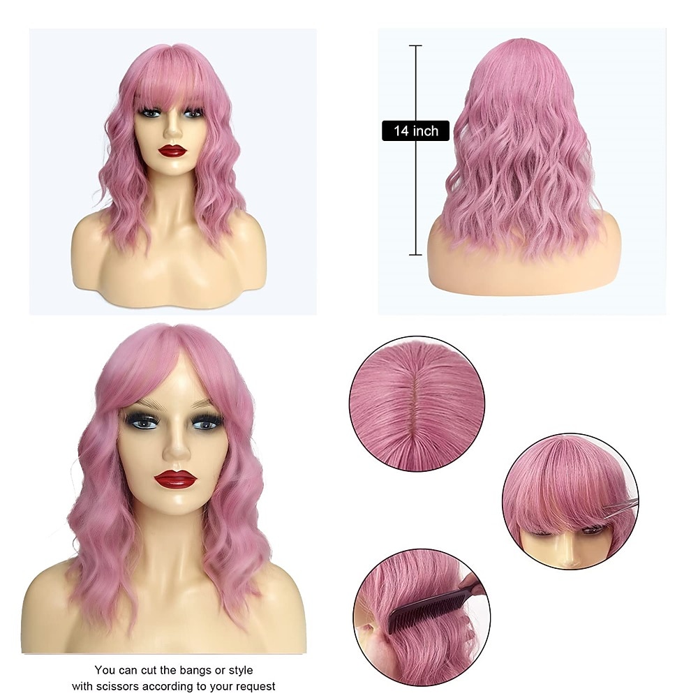 Roze Pruik met Luchtpony 12 Inch Korte Pastel Krullende Golvende Hittebestendige Synthetische Vrouwen Bob Pruik Cosplay Feest Schouderlengte Pruiken voor Meisjes Dagelijks Gebruik Natuurlijke 2026 - $17.49 –P13