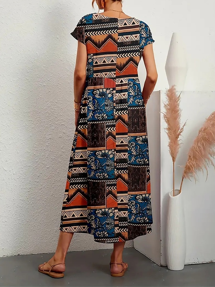 Dame Svart Gul Sommer Vår Midikjole Lin-inspirerte kjoler Uformell kjole Mote Etnisk stil Fritid utendørs Feriereise Daglig Løstsittende Geometrisk Blomsternål i krystall Crew-hals 2025 - $26.99 –P2