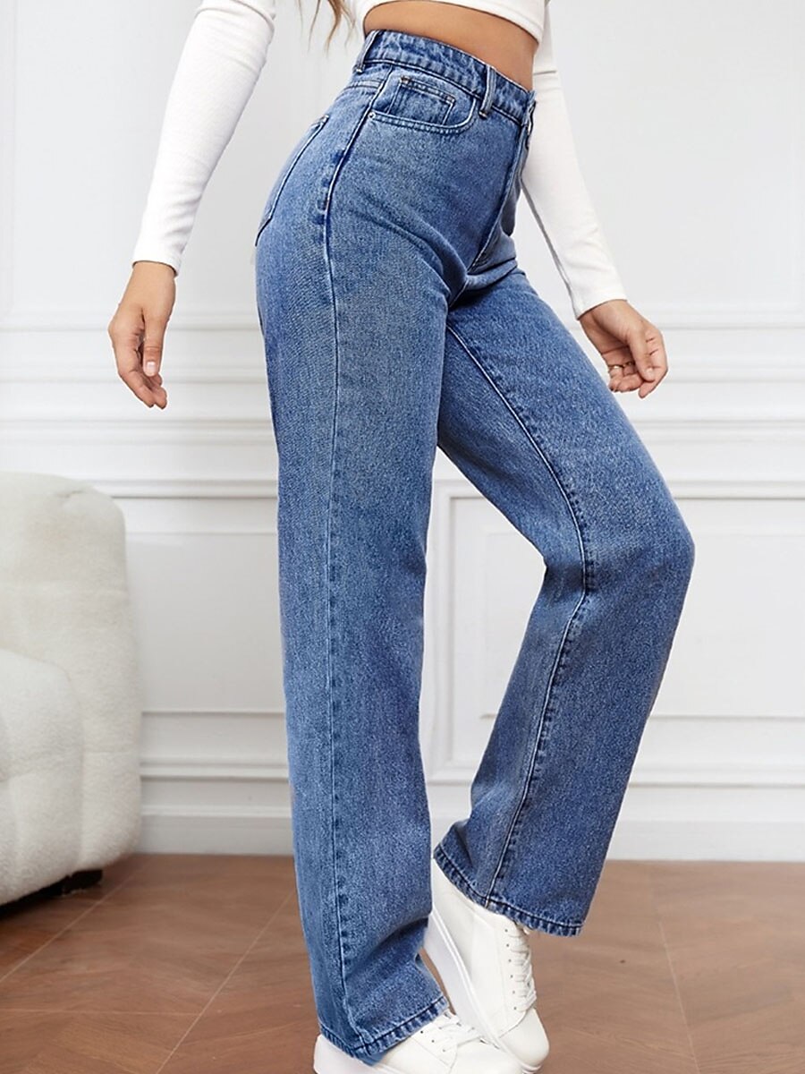 Women‘s Moms Jeans Pants Trousers Straight Full Length Cotton Pocket Micro-elastic High Waist Streetwear Simple Outdoor Vacation Robin‘s Egg Blue Light Blue S M Summer Spring 2023 - US $29.99 –P5