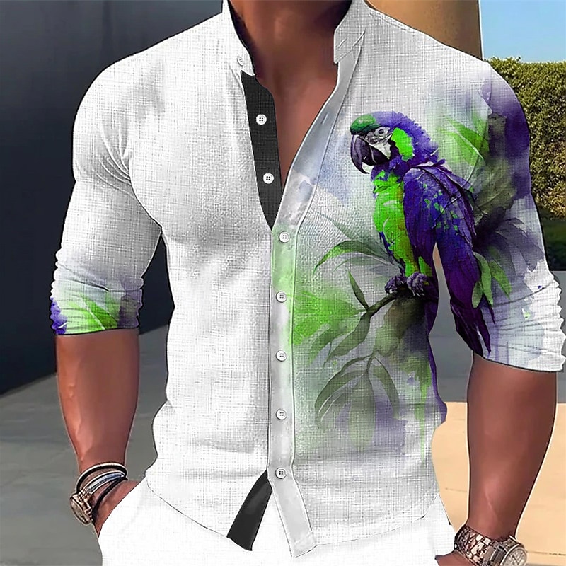Herr Papegoja Skjorta Knapp upp skjorta Långärmad Mode Streetwear Designer Utomhus Ledigt Dagligen Sommar Vår Höst Hög krage Mönster Gul Rodnande Rosa Rubinrött Blå Grön 2025 - $26.99 –P4