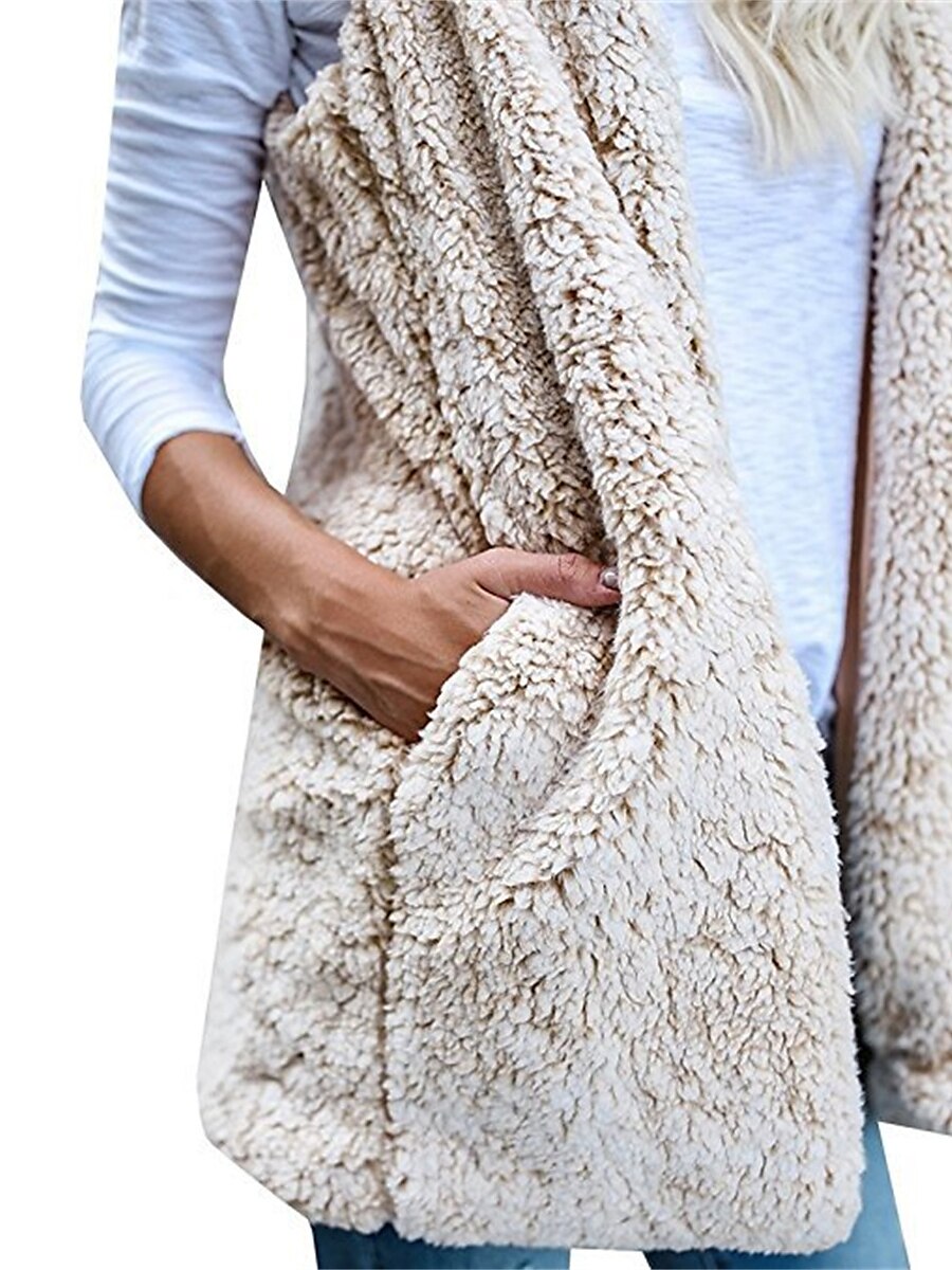 Women's Teddy Vest Warm Cream Teddy Coat with Hood Long  Sherpa Jacket with Pocket Cardigan Hoodie Fashion Daily Casual Plain Outerwear Sleeveless Fall Winter Black White Wine S M L XL XXL 3XL 2023 - US $22.99 –P7