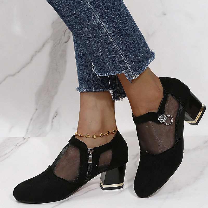 Women's Mesh Panel Chunky Heel Dress Shoes - Elegant Black Formal Pumps with Zipper and Ring Detail 2025 - $29.99 –P4