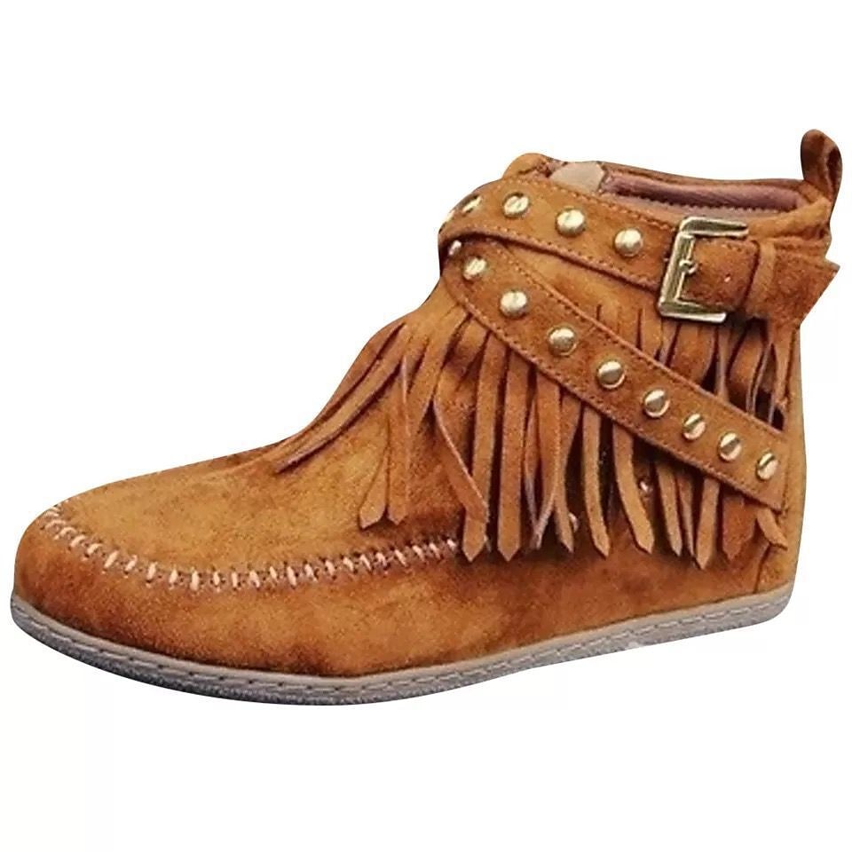 Botine de damă maro din piele întoarsă artificială cu franjuri - stil boho, cu cureaua cu împodobire și fermoar lateral pentru moda casual de toamnă 2025 - $34.99 –P5