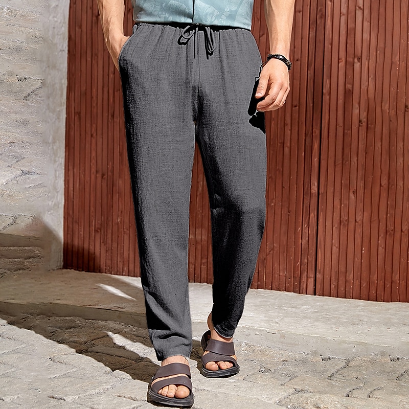 Men's Cotton Linen Drawstring Pants Elastic Waist Casual Jogger