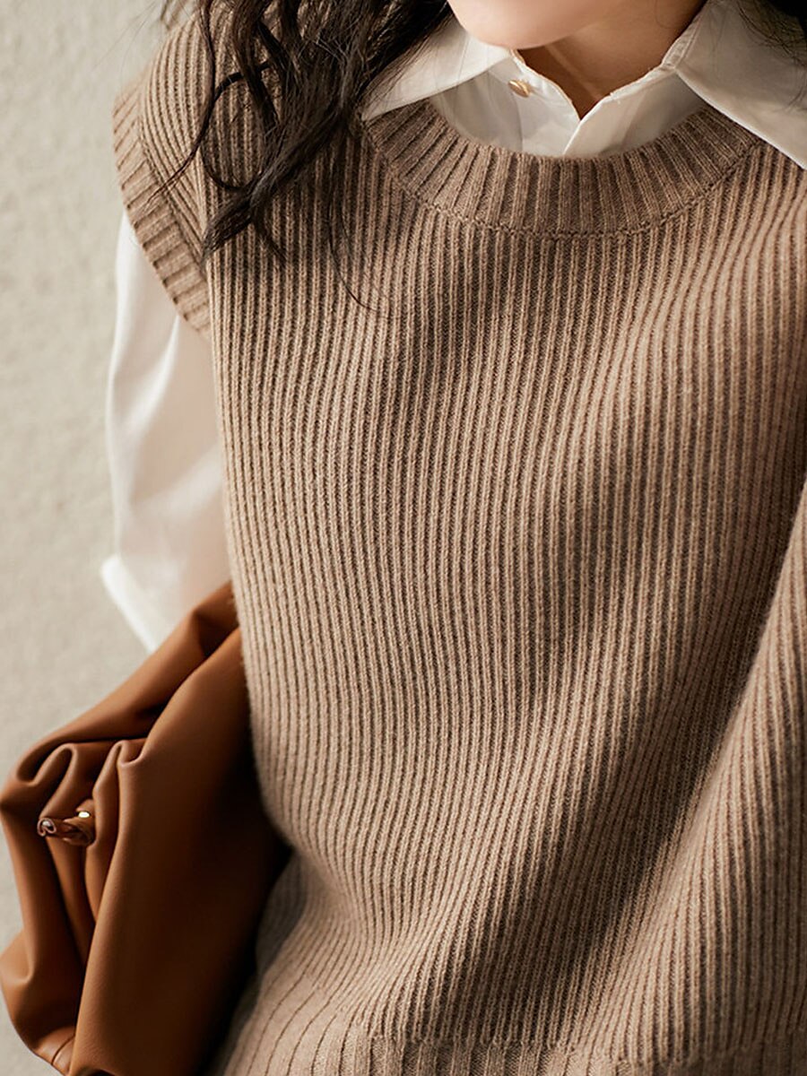 Women's Sweater Vest Crew Neck Ribbed Knit Acrylic Button Summer Fall Daily Holiday Date Stylish Casual Soft Sleeveless Pure Color Brown Beige Coffee One-Size 2023 - US $27.99 –P3
