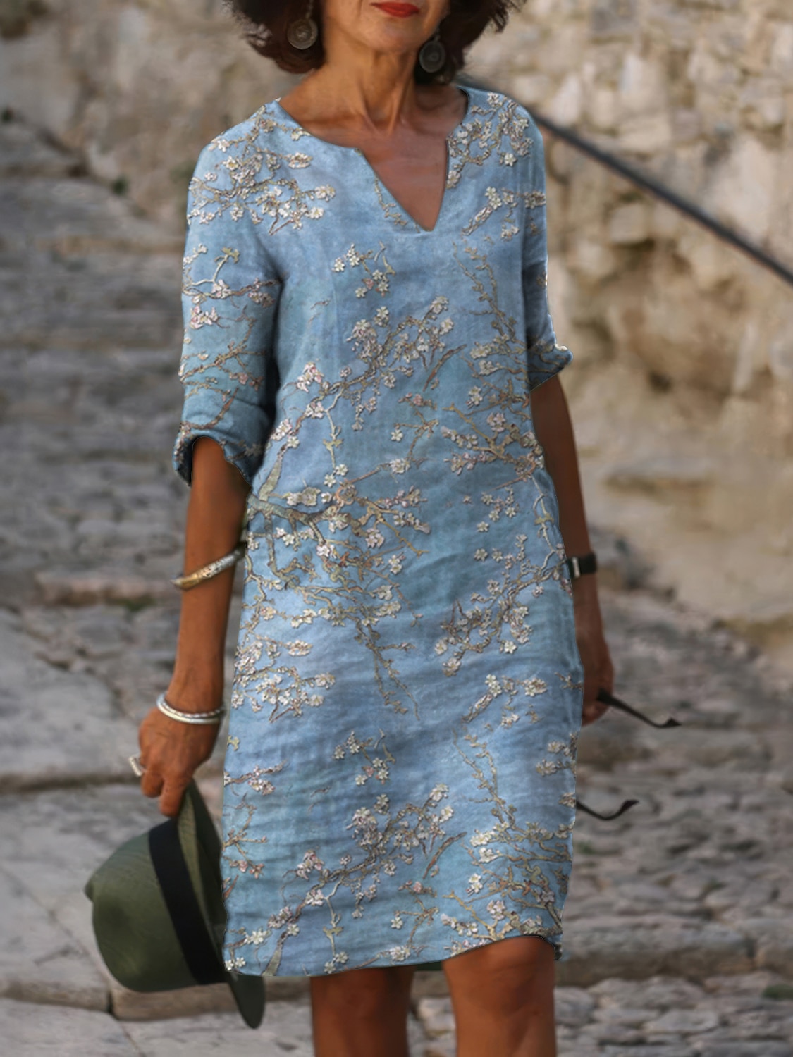 Robe midi femme robe décalée impression florale col échancré quotidienne rendez-vous manches courtes été printemps de 2025 ? $26.99 –P1