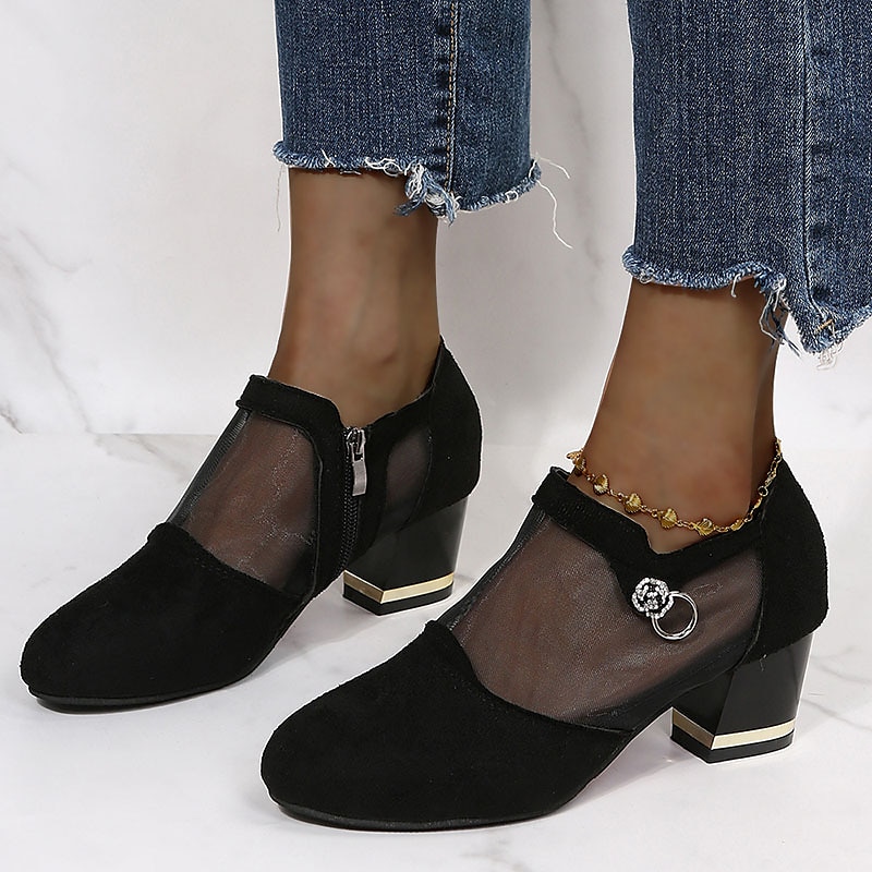 Women's Mesh Panel Chunky Heel Dress Shoes - Elegant Black Formal Pumps with Zipper and Ring Detail 2025 - $29.99 –P1