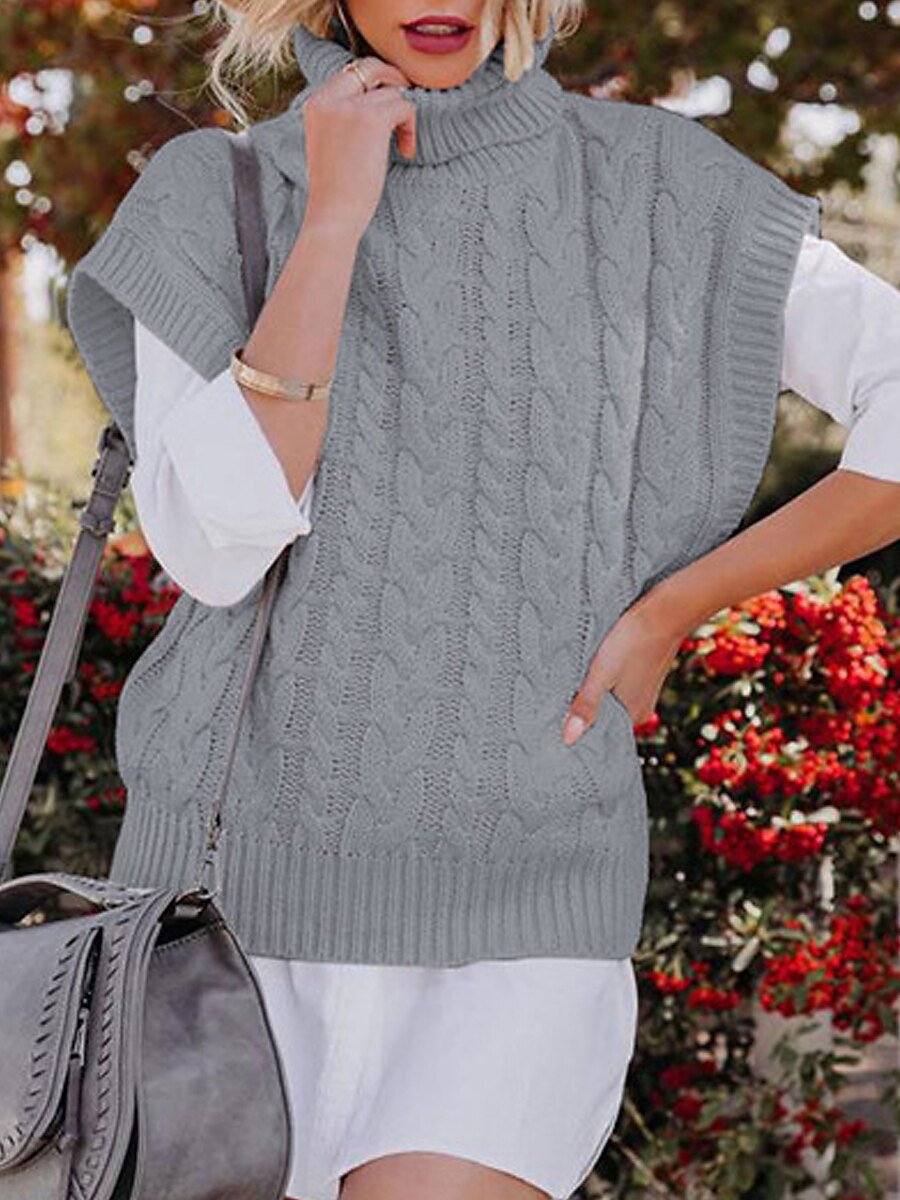 Women's Sweater Vest Turtleneck Ribbed Knit Acrylic Oversized Summer Fall Daily Going out Weekend Stylish Casual Soft Short Sleeves Solid Color Black Beige Coffee S M L 2023 - US $24.99 –P20