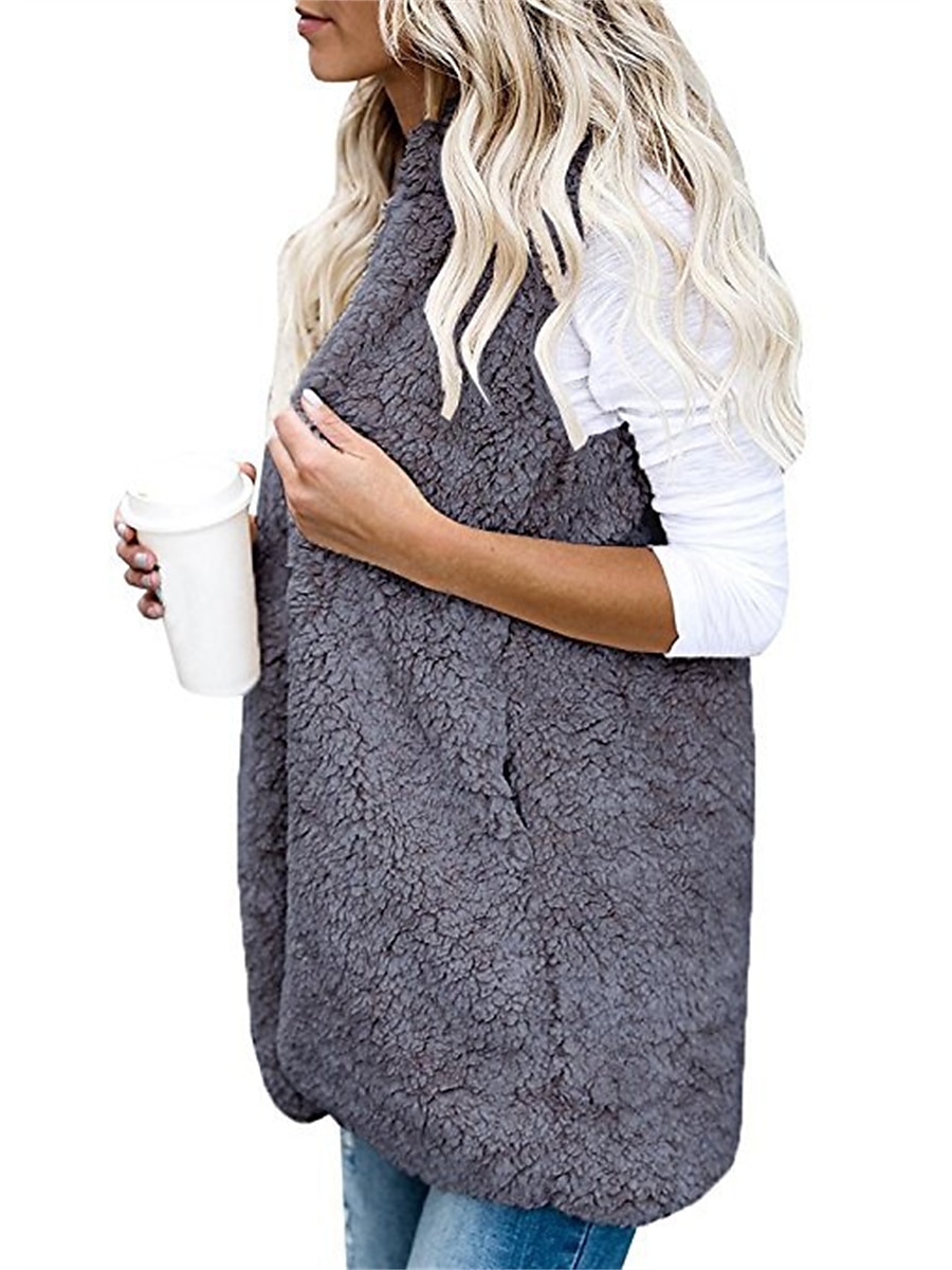 Women's Teddy Vest Warm Cream Teddy Coat with Hood Long  Sherpa Jacket with Pocket Cardigan Hoodie Fashion Daily Casual Plain Outerwear Sleeveless Fall Winter Black White Wine S M L XL XXL 3XL 2023 - US $22.99 –P15