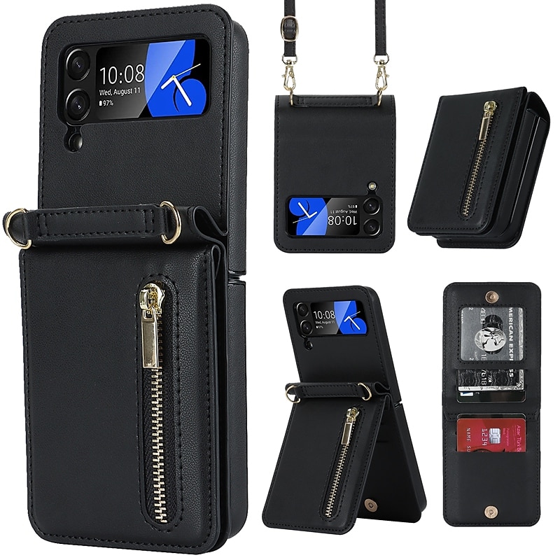 Z Flip 5 Leather Case, Wallet Case Compatible Samsung Galaxy Z Flip 5 With  Card Holder & Crossbody Strap
