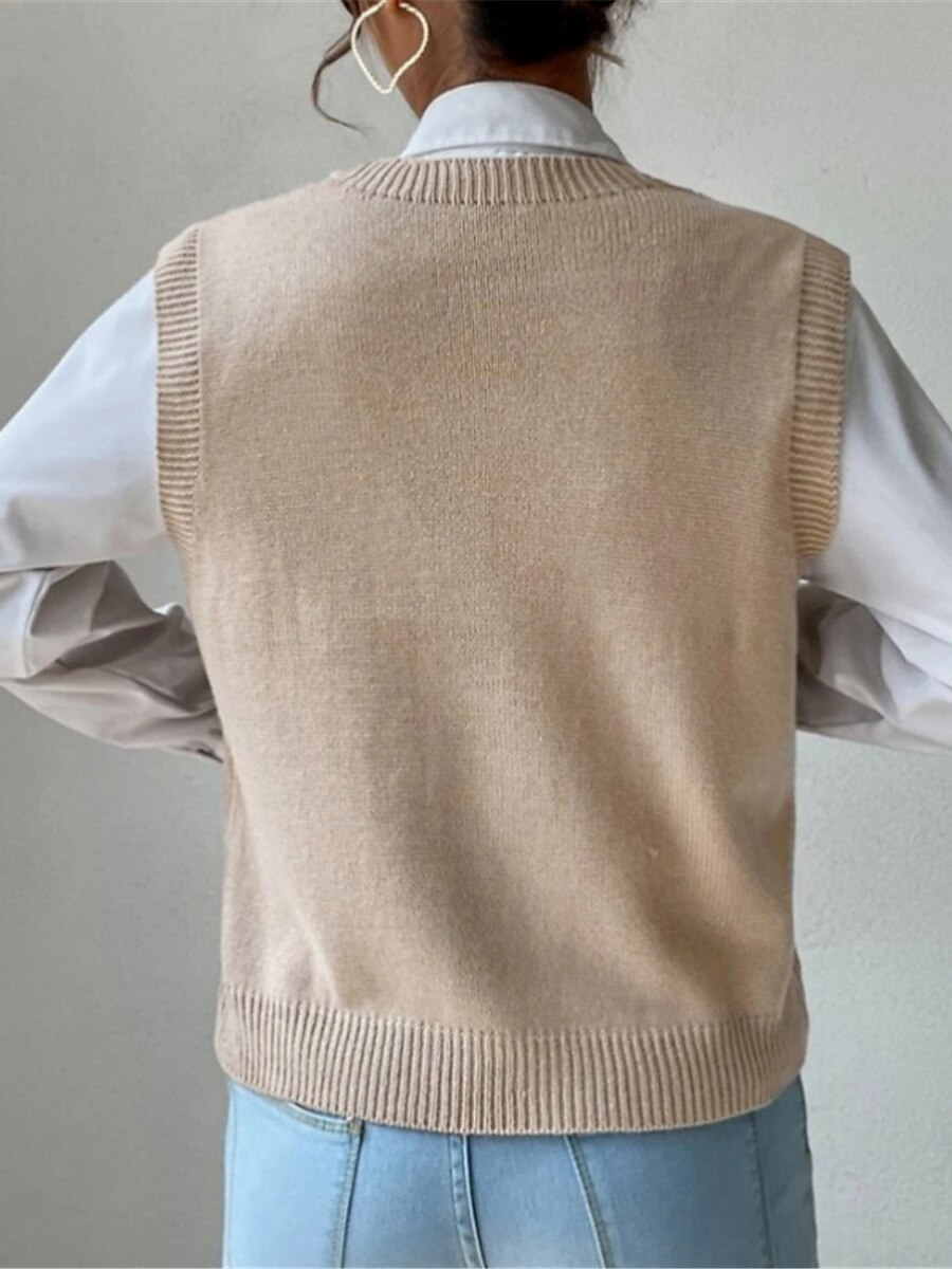 Women's Sweater Vest V Neck Cable Knit Acrylic Oversized Summer Fall Daily Going out Weekend Stylish Casual Soft Sleeveless Solid Color Black Khaki S M L 2023 - US $29.99 –P6
