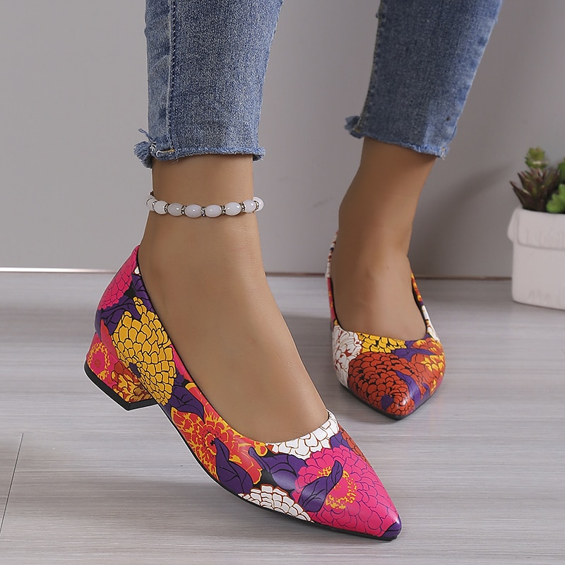 Women's Heels Pumps Pink Shoes Dress Shoes Comfort Shoes Party Work Daily Floral Color Block Summer Chunky Heel Pointed Toe Fashion Casual Minimalism Faux Leather Loafer Red Green 2023 - AED 125.99 –P4