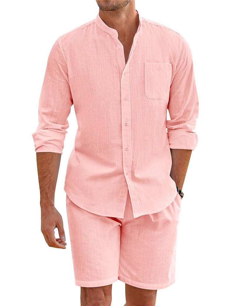 Herren Hemd mit chinesischem Kragen Hemd mit Stehkragen Zweiteilig Hemd Set Sommerhemd Freizeithemd Rosa Blau Grün Beige Grau Langarm Einfach Großvaterkragen Stehkragen Urlaub Täglich Fronttasche 2025 - $40.99 –P4