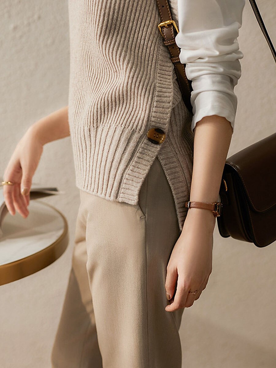 Women's Sweater Vest Crew Neck Ribbed Knit Acrylic Button Summer Fall Daily Holiday Date Stylish Casual Soft Sleeveless Pure Color Brown Beige Coffee One-Size 2023 - US $27.99 –P5