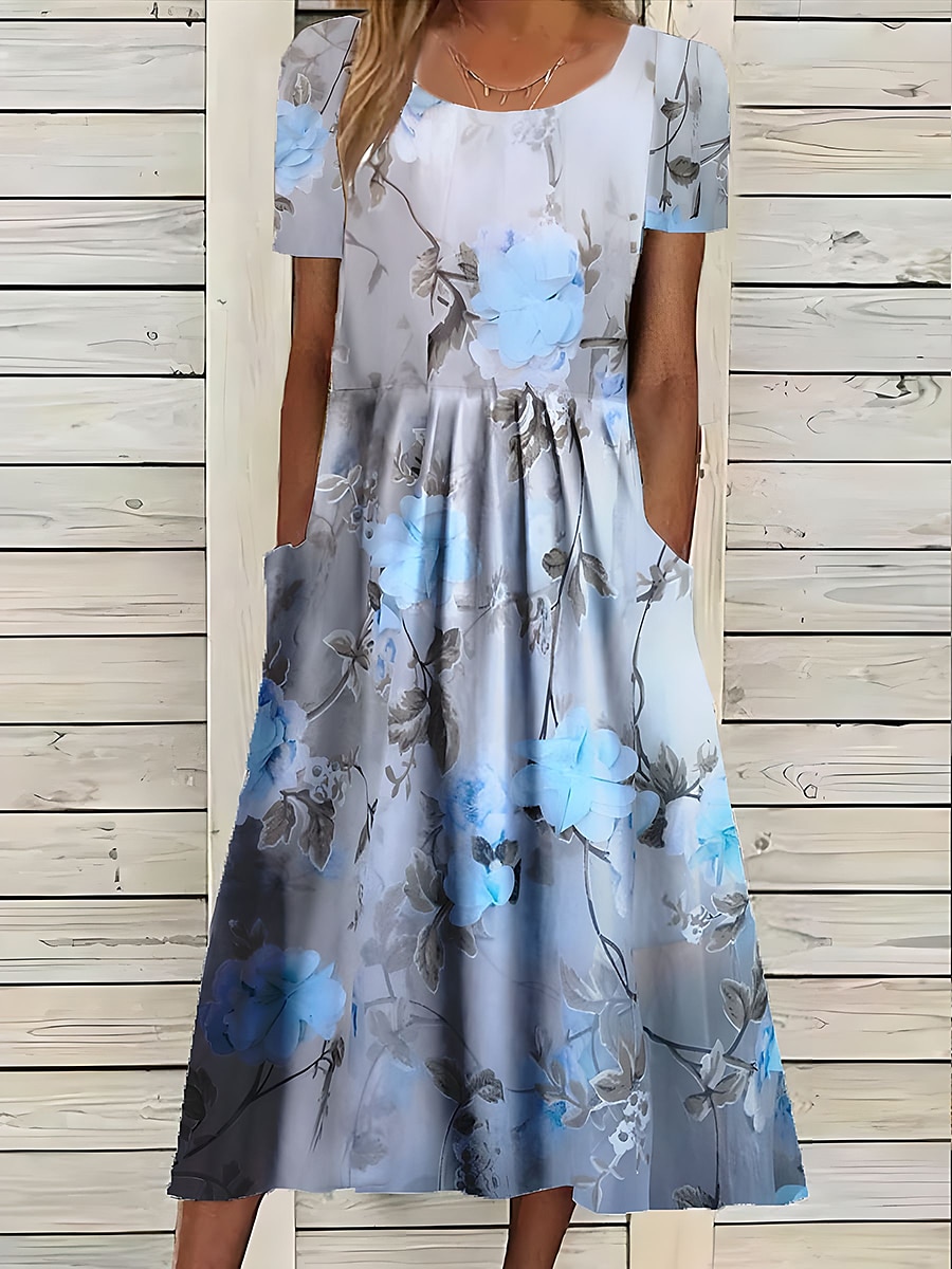 Robe midi femme impression à fleurs avec poches col rond quotidienne rendez-vous manches courtes été printemps de 2025 ? $46.99 –P4