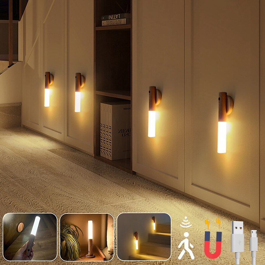 led pir capteur de mouvement humain applique usb bâton en bois déplacer la lumière de nuit magnétique couloir armoire garde-robe lumière décor à la maison lumière de 2025 ? $31.99 –P1