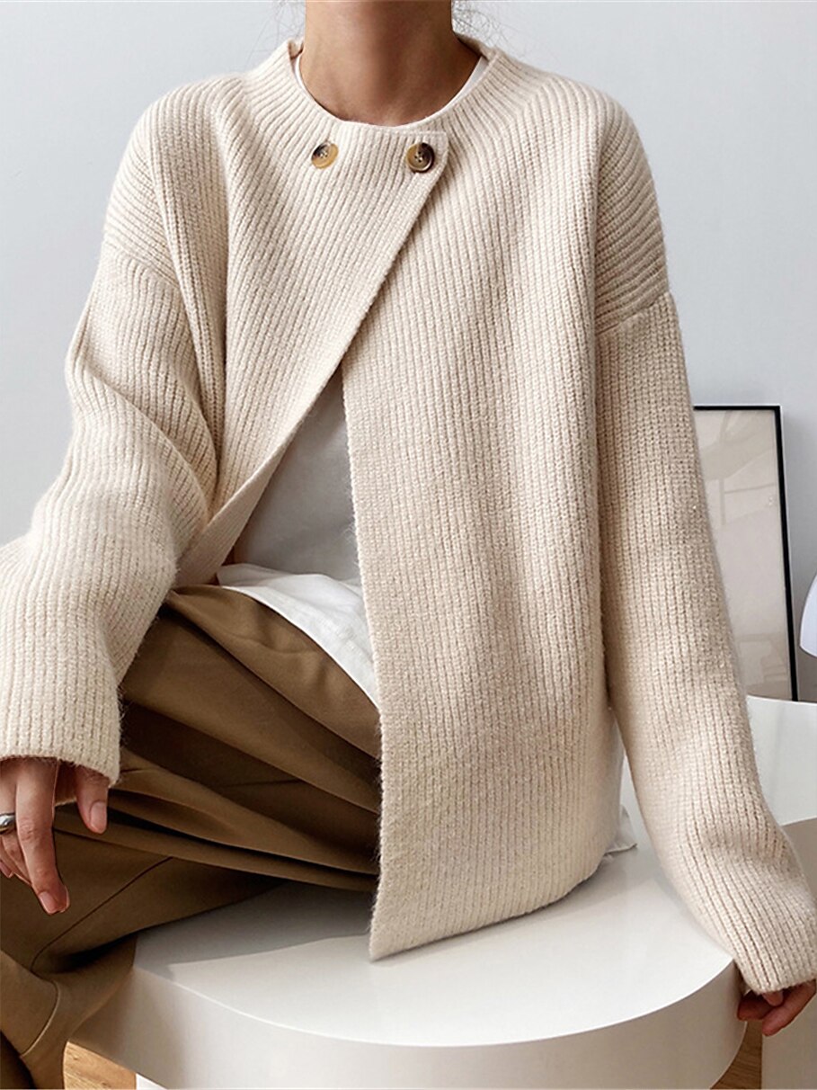 Women's Cardigan Sweater Crew Neck Ribbed Knit Polyester Button Summer Fall Daily Going out Weekend Stylish Casual Soft Long Sleeve Solid Color Khaki Beige Coffee One-Size 2023 - US $26.99 –P4
