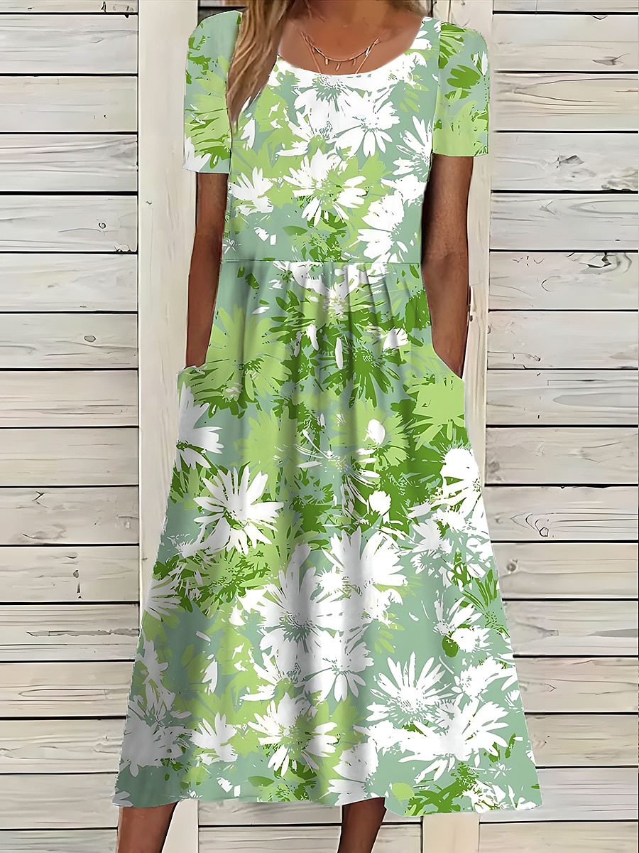 Robe midi femme impression à fleurs avec poches col rond quotidienne rendez-vous manches courtes été printemps de 2025 ? $46.99 –P1