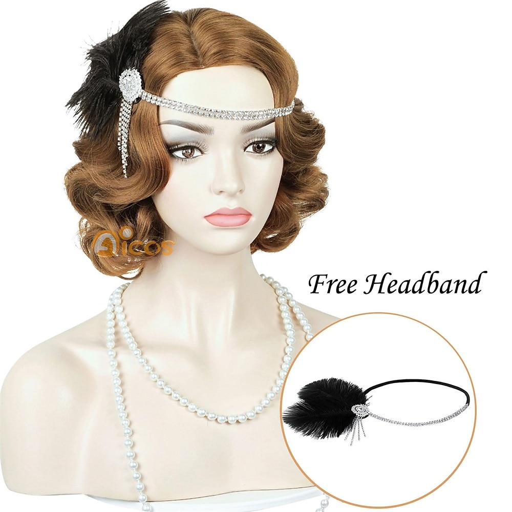 Brown 1920S Flapper Wavy Wig Finger Wavy Vintage Wig Side Parting 1960S Vintage Wig Curl Wavy