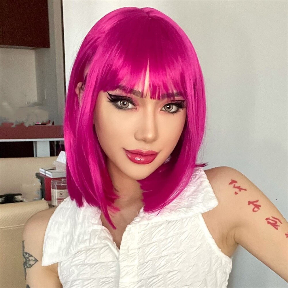 Peruca Roxa com Franja Peruca Bob Curta e Lisa para Mulheres 12 Polegadas Peruca Sintética Colorida de Festa Perucas de Halloween de 2026 por $18.49 –P7