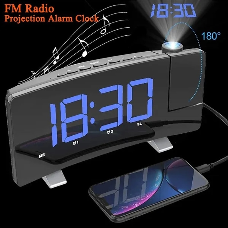 Проекционные часы FM-радио Цифровой будильник с изогнутым экраном Светодиодный дисплей с диммером Двойной будильник с USB-портом для зарядки Резервная батарея на 12/24 часа для настройки часов 2025 - $41.99 –P2