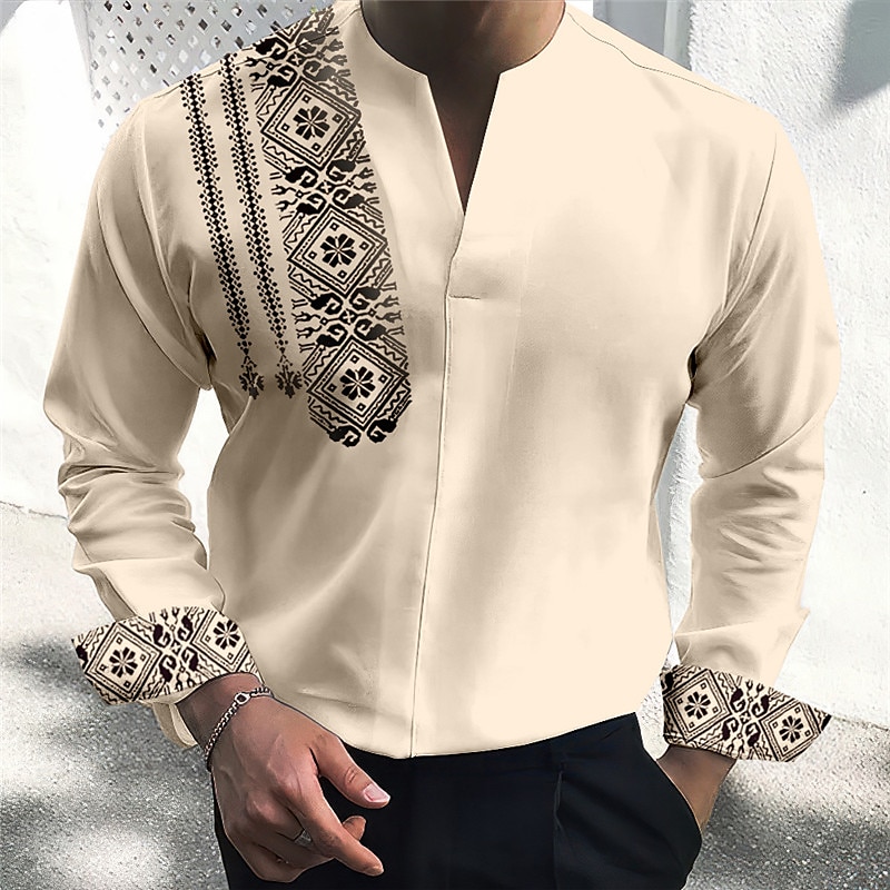Bărbați Epocă Geometrie Totem Cămașă Camașă cu nasturi Manșon Lung Modă Șic Stradă Designer În aer liber Casual Zilnic Vară Toamnă În V Imprimeu Alb Albastru piscină Trifoi Kaki Albastru Deschis 2025 - $26.99 –P6