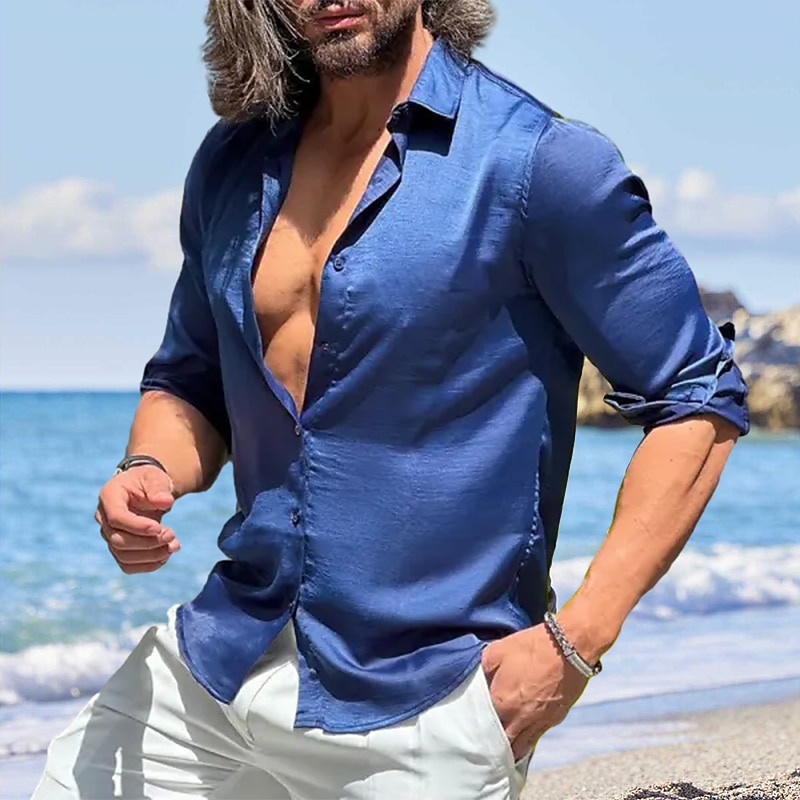 Herren Knopfhemd Lässiges Hemd Satinhemd Schwarz Weiß Wein Blau Grün Langarm Glatt Kargen Strasse Urlaub Grundlegend Bekleidung Modisch Freizeit 2025 - $22.99 –P1