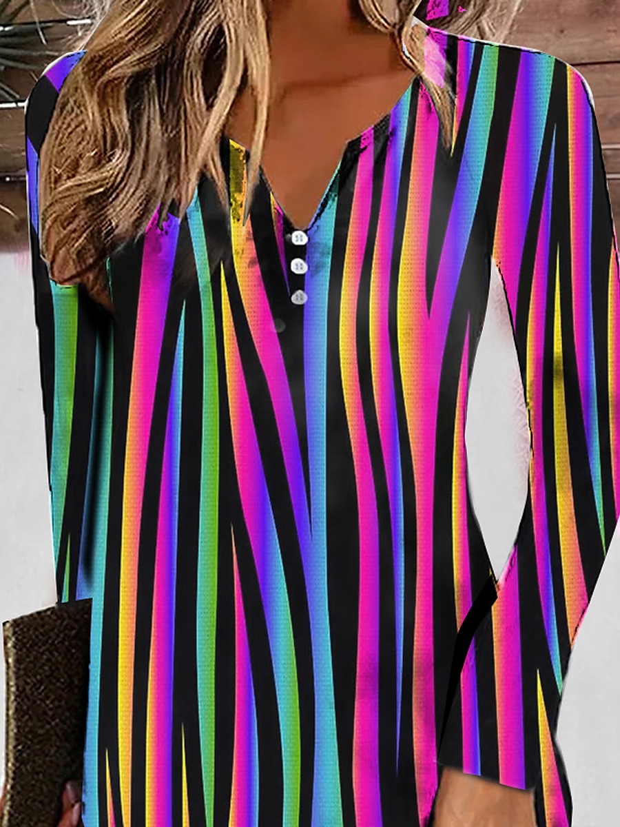 Mujer Mini Dress Stripe Button Print Split Neck Daily Date Long Sleeve Summer Spring 2025 - $25.99 –P2